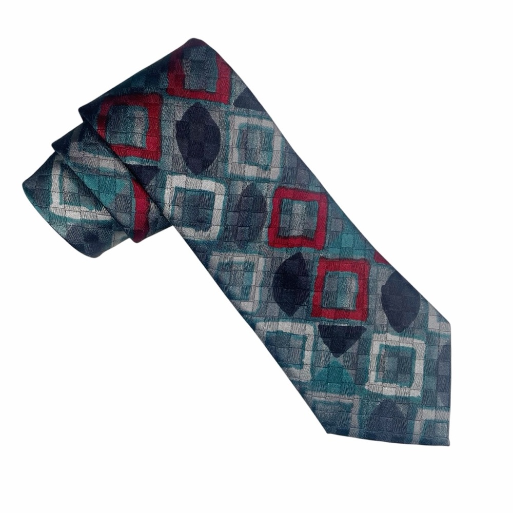 Vintage Johnny Carson Abstract Geo Wide Tie Aqua Silver Red Vintage Necktie